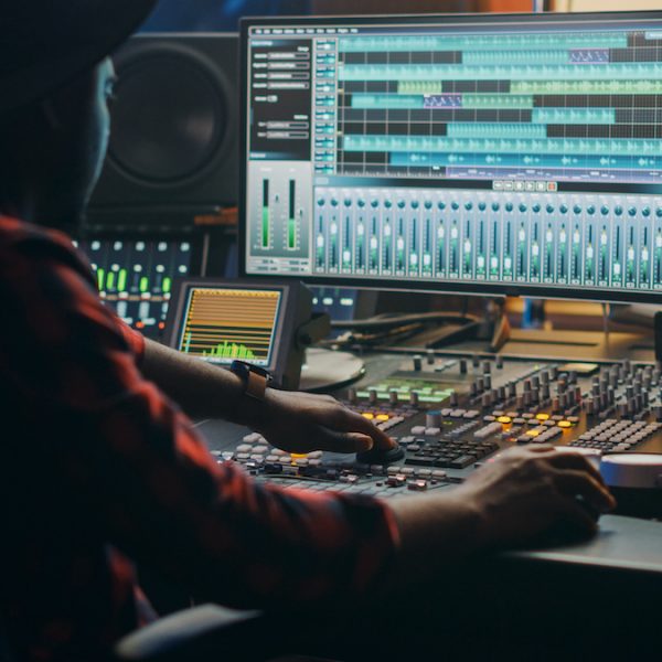 Music Creator, Musician, Artist Works in the Music Record Studio, Uses Surface Control Desk Equalizer Mixer. Buttons, Faders, Sliders to Broadcast, Record, Play Hit Song. Close-up Shot